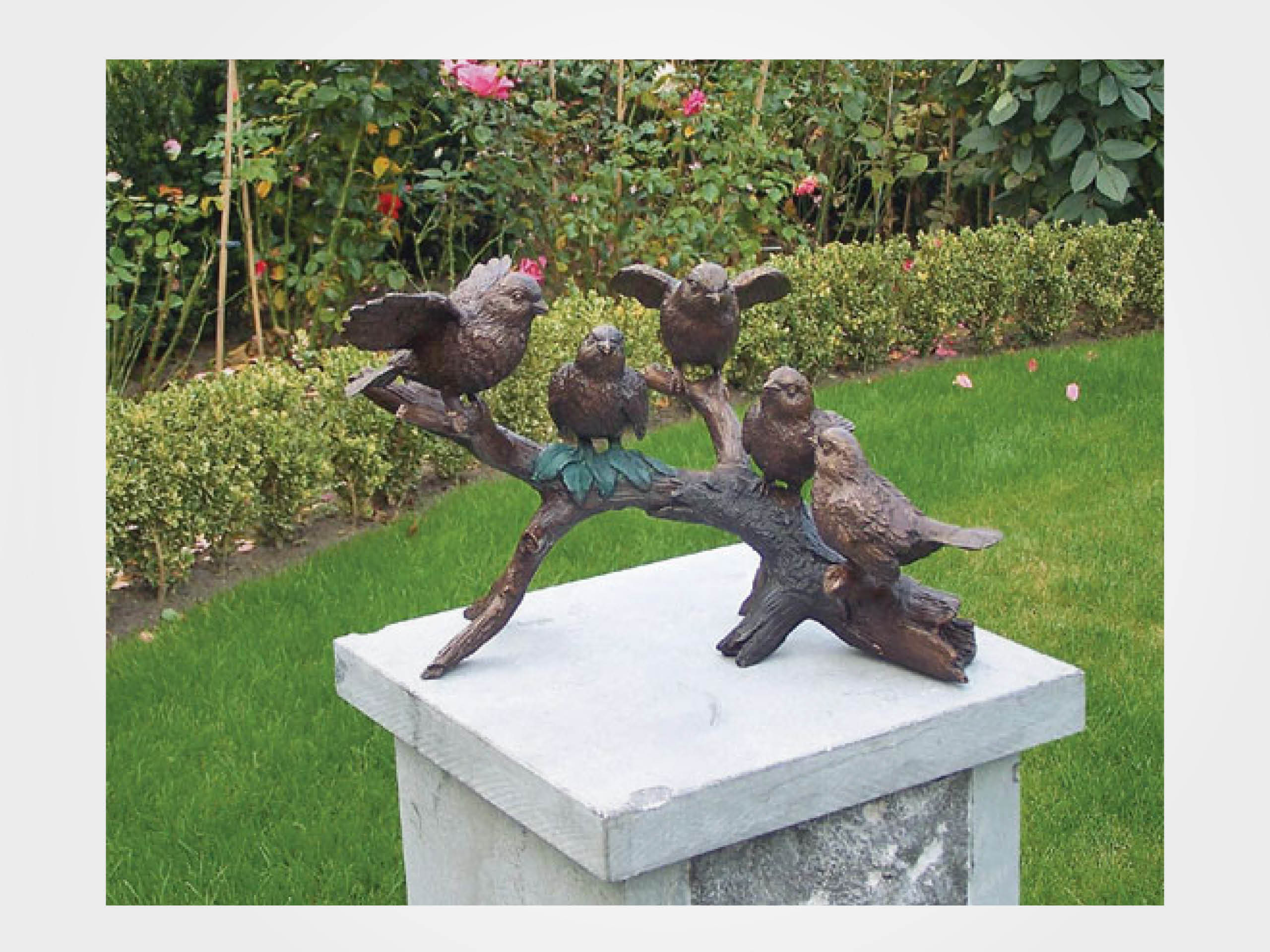 Gartenskulptur "Vögel auf Ast", Bronze