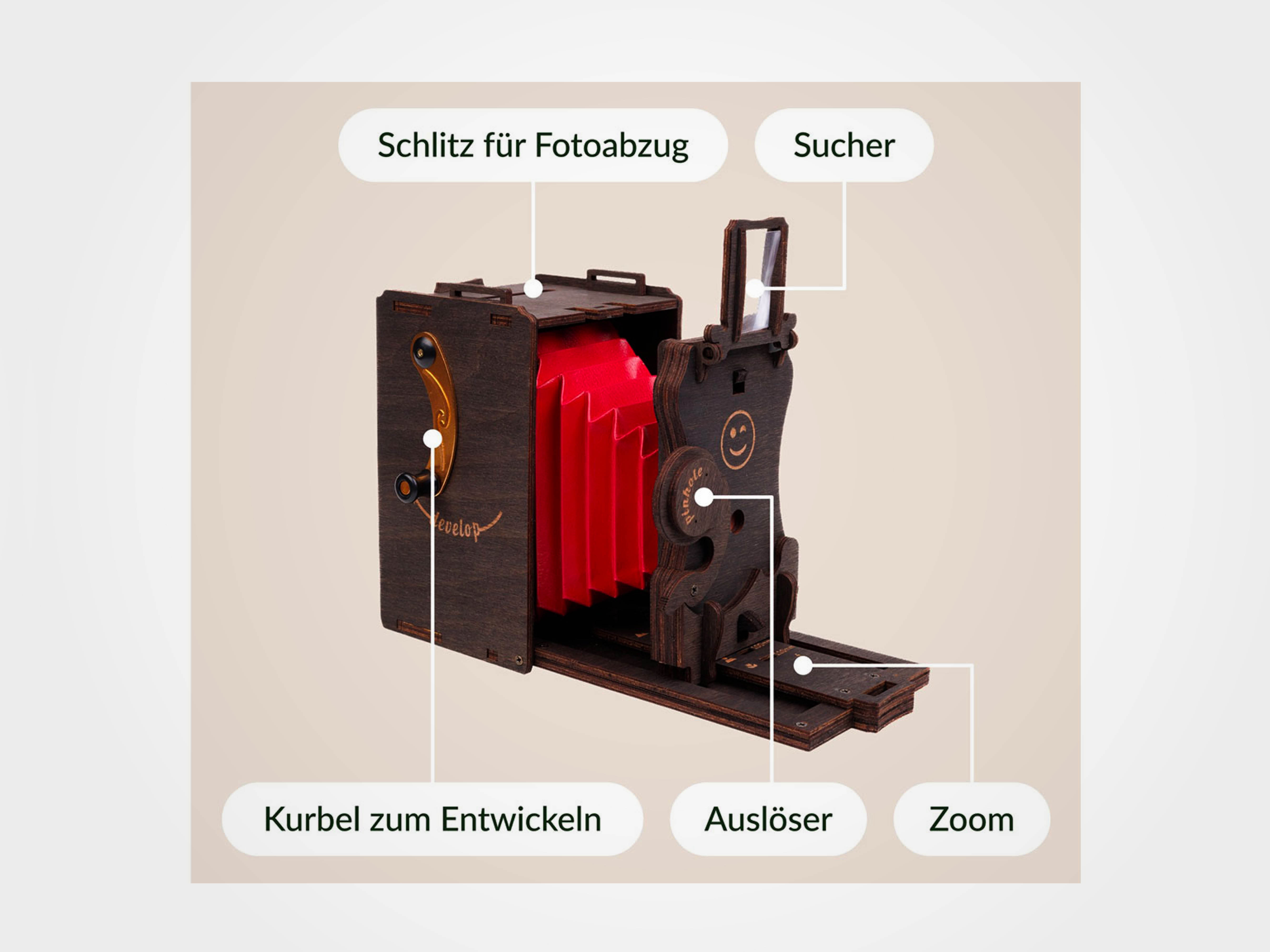 3D-Holzpuzzle, Sofortbildkamera Bausatz, inkl. Fujifilm Instax (für 10 Aufnahmen) + gratis Stativ